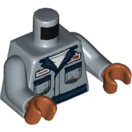 Torso Shirt, with Blue Collar and Pockets, Red and White Badges, Grease Stains Print, Sand Blue Arms, Dark Orange Hands