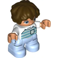 Duplo Figure Child with Short Wavy Hair Dark Brown, with Bright Light Blue Legs, Shirt with Azure and Aqua Stripes and Pocket Print