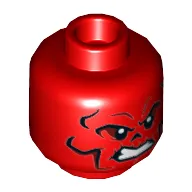 Minifig Head Red Skull, Eyebrows, Black and Dark Red Contour Lines, Small Black Nose, Scowl Print