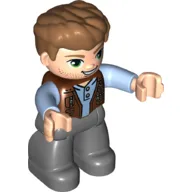 Duplo Figure with Thick Hair Combed Forward, with Dark Bluish Gray Legs, Medium Blue Shirt under Vest (Owen Grady)