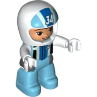 Duplo Figure with Helmet White with '34', Medium Azure Legs, Racing Jacket Print