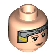 Minifig Head Bo-Katan Kryze, Light Bluish Gray Headset with Yellow Stripes, Reddish Brown Eyebrows, Peach Lips Print
