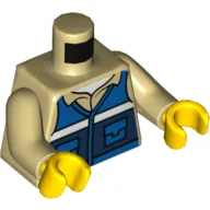 Torso Shirt, Dark Blue Vest with Pockets and White Stripe Print, Tan Arms, Yellow Hands