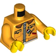 Torso Jacket, White Zipper, Reddish Brown Collar, Animal Spots Pockets, Badges Print, Bright Light Orange Arms, Yellow Hands