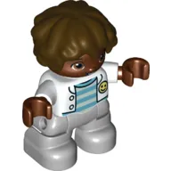 Duplo Figure Child with Short Wavy Hair Brown, Light Bluish Gray Legs, Jacket over Striped Shirt Print