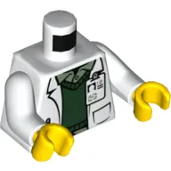 Torso, Lab Coat, ID Badge, Dark Green Sweater, Sand Green Shirt print, White Arms, Yellow Hands
