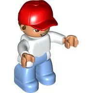 Duplo Figure with Cap Red, with Bright Light Blue Legs, Lime Apron, Red Bow Tie Print