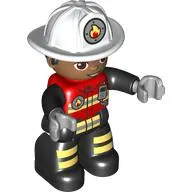 Duplo Figure with Helmet White, Black Legs, Safety Jacket with Reflective Stripes, Green Eyes, Stubble Print (Firefighter)