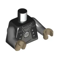 Torso Vest, Open over Dark Bluish Gray Undershirt, Minifigure Head Skull Necklace Print, Dark Bluish Gray Arms, Dark Tan Hands