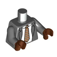 Torso, Jacket, White Shirt, Dark Tan Tie with Red/Green Dots print, Dark Bluish Gray Arms, Reddish Brown Hands