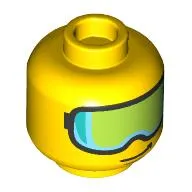 Minifig Head, Skiing Goggles, Light Blue and Lime Visor print
