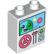 Duplo Brick 1 x 2 x 2 with Bottom Tube, Steering Wheel, Lever, Buttons, Monitor with Smiling Earth Print