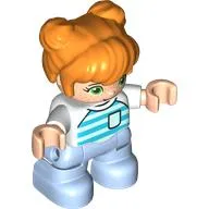 Duplo Figure Child with Two Buns on Top and Long Bangs Orange, Bright Light Blue Legs, Light Aqua and Dark Turquoise Striped Shirt Print