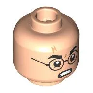 Minifig Head Harry Potter, Black Glasses, Lightning Scar, Angry / Surprised, Water Spots