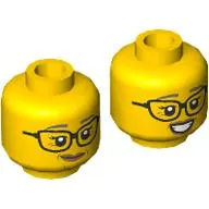 Minifig Head, Dark Bluish Grey Eyebrows, Glasses, Crooked Smile / Open Mouth Teeth Smile Print