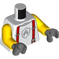 Torso, Red Suspenders, Light Bluish Grey Fire Fighter Logo print, Yellow Arms, Dark Bluish Gray Hands