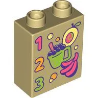 Duplo Brick 1 x 2 x 2 with '1 2 3', Fruit, Drink print