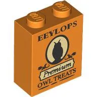Brick 1 x 2 x 2 with Inside Stud Holder with 'EEYLOPS Premium Owl Treats' print