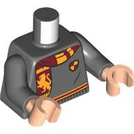 Torso, Sweater, Bright Light Orange/Dark Red Trim, Crest, Scarf with Lion print, Dark Bluish Gray Arms, Light Nougat Hands