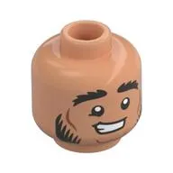 Minifig Head Halfling Druid, Thick Black Eyebrows, Beard, Lopsided Smirk/Big Smile
