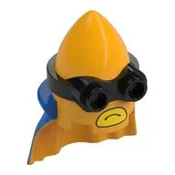 Minifig Head Special, Minion, Cone, Black 2-Eyed Goggles Pattern, Blue Cape, Yellow Mouth print