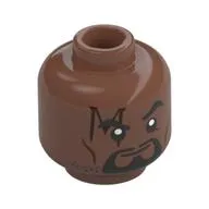 Minifig Head Bishop, 'M' Shaped Scar, Black Bear, Moustache, Smirk/Angry with Metal Pink Eyes and Lightning Print