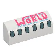 Brick Curved 1 x 4 x 1 1/3 No Studs with Airplane Windows, Coral 'WORLD' print