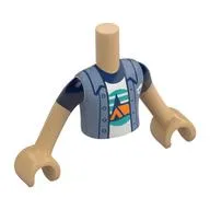 Minidoll Torso Boy with Sand Blue Jacket, Orange Tent, Dark Blue Trees, Dark Turquoise Sky, Ground print, Warm Tan Arms and Hands