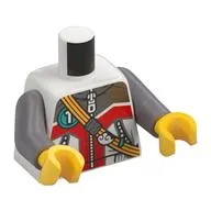 Torso, Jacket, Zipper, Light Bluish Grey/Red Shapes, Dark Turquoise Circle with White '1', Yellow Strap print, Flat Silver Arms, Yellow Hands