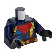 Torso Muscle Outline, Yellow and Bright Light Orange Straps, Pouch, Belt Buckle, Dark Red X Symbol, Red Neckerchief print, Dark Blue Arms, Black Hands