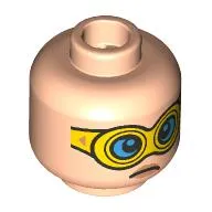 Minifig Head Trapster, Lopsided Smirk / Yellow Goggles, Dark Azure Glasses