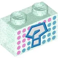 Brick 1 x 2 without Bottom Tube with Dark Azure '?', Dark Pink/Dark Turquoise Dots print