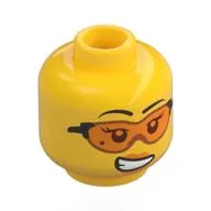 Minifig Head Jenny Brickle, Black Eyebrows, Beauty Mark, Orange Lips, Safety Glasses, Smile / Dark Bluish Grey Stain, Surprise