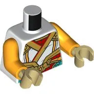 Torso, Gold/Yellow Armor, White Shirt, Dark Turquoise/Red Decorations print, Bright Light Orange Arms, Tan Hands