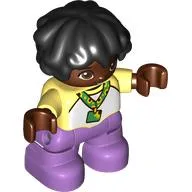 Duplo Figure Child with Short Wavy Hair Black, Sunflower Lanyard, Medium Lavender Legs