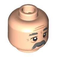 Minifig Head Grandpa Joe, Dark Bluish Grey Eyebrows, Moustache, Nougat Wrinkles, Tired / Happy
