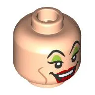 Minifig Head Cruella de Vil, Black Eyebrows, Lime Eyeshadow, Nougat Lines, Red Lips, Open Mouth Laugh / Angry Scowl