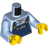 Torso Overalls, Dark Blue with Tan Stitching, Pen, Note, Gold Clasps, Buttons, Shirt print, Bright Light Blue Arms, Yellow Hands