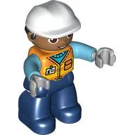 Duplo Figure with Construction Helmet White and Black Hair, Dark Blue Legs, Safety Vest Print