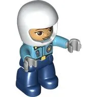 Duplo Figure with Helmet White, Dark Blue Legs, Police Shirt with Badge and Zipper, Warm Tan Face Print