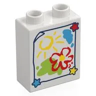 Duplo Brick 1 x 2 x 2 with Childs Drawing of a Flower and Sun Print