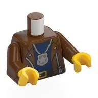Torso, Jacket, Zipper, Silver Police Badge on Necklace, Dark Blue Shirt, Black Belt print, Reddish Brown Arms, Yellow Hands
