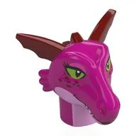 Head Special, Dragon with Dark Red Ears, Spikes Pattern, Bright Pink Neck, Olive Green Eyes Print