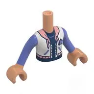 Minidoll Torso Girl with White Jacket, Warm Pink Collar, Laces, Blue Violet Sleeves, Dark Blue Shirt Print, Nougat Arms and Hands