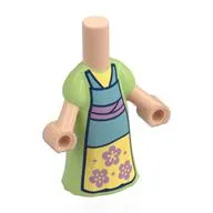 Microdoll Body Long Dress Yellowish Green with Blue Apron, Bright Light Yellow Square, Copper Flowers, Bands Print