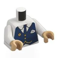 Torso, Dark Blue Jacket, Gold Buttons, Chain, White Name Badge Print, White Arms, Warm Tan Hands