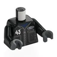 Torso, Racing Jacket, Silver '43', 'BLOCK', Metal Blue 'DERELICT' on Black Print, Black Arms, Dark Bluish Gray Hands