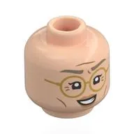 Minifig Head Dr. Kureha, Dark Tan Eyebrows, Peach Lips, Wrinkles, Open Mouth, Gold Glasses / Frown