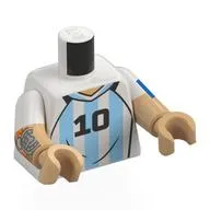 Torso, Dual Molded Arms, White/Bright Light Blue Football Shirt, Black '10' 'MESSI', Blue Band on Arm, Tattoo Print, White Sleeves Pattern, Warm Tan Arms and Hands