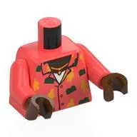 Torso, Hawaiian Shirt, Dark Green Bricks, Bright Light Orange Minifigs, Gold Necklace, White Shirt Print, Coral Arms, Reddish Brown Hands